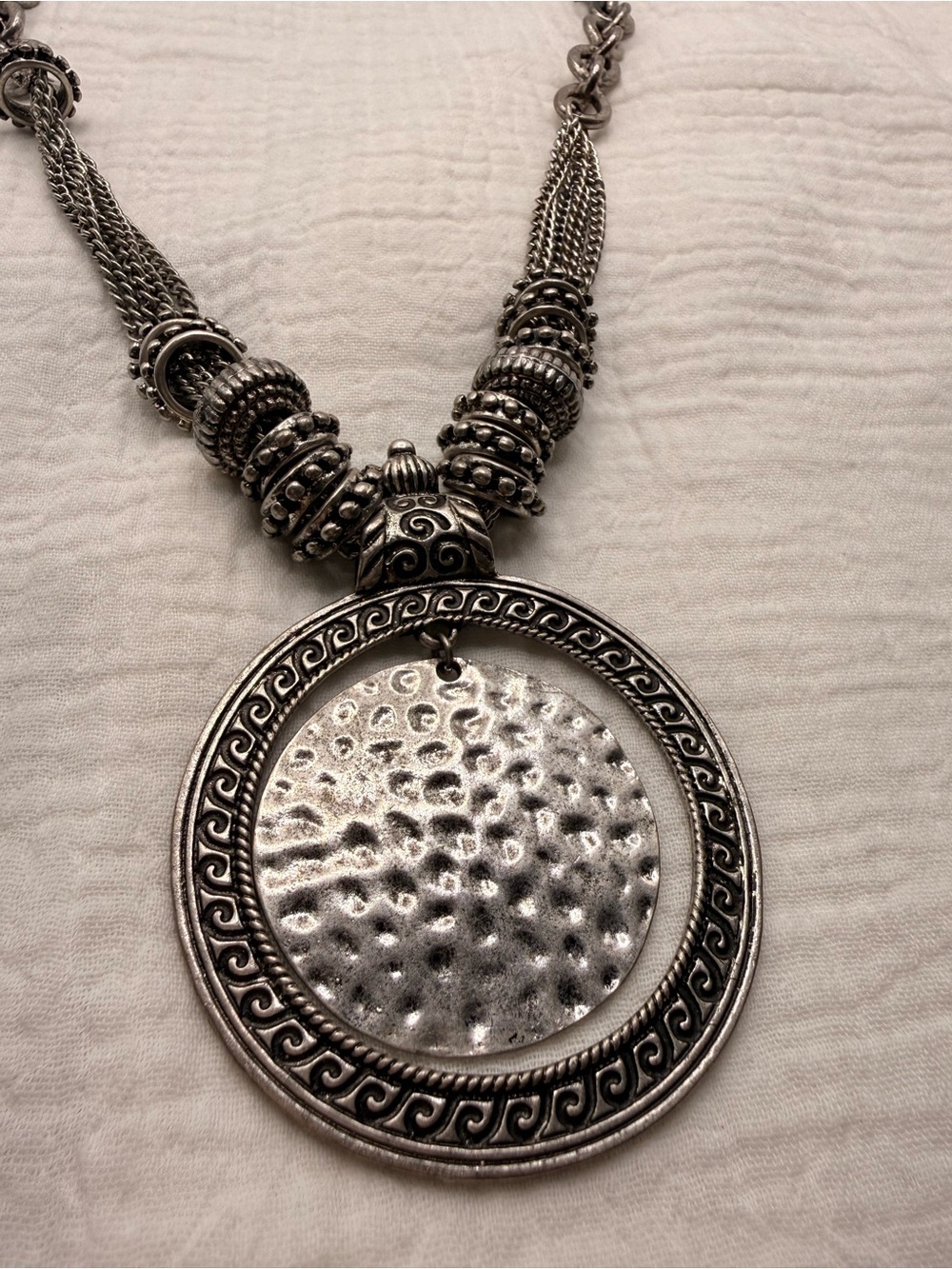 Chicos Large Statement Bib Bead Necklace Hammered Silver Tone 24"
